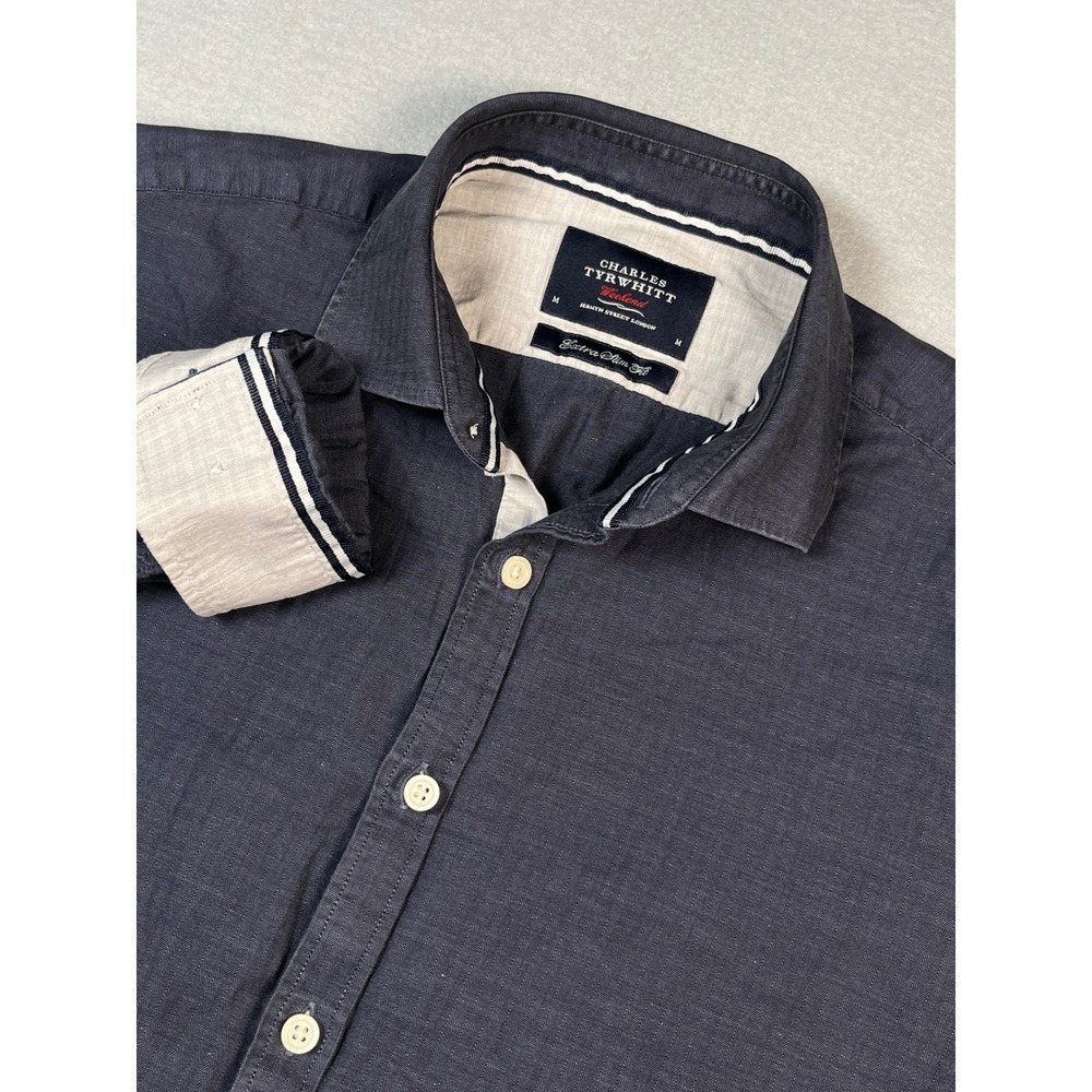 Charles Tyrwhitt Weekend Button Shirt Med Extra Slim Fit Navy Herringbone Coton